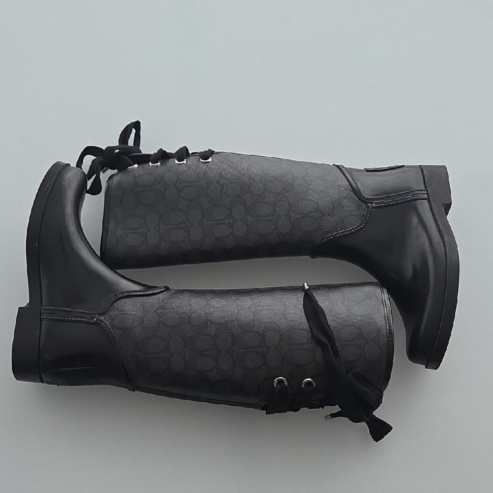 Coach Tristee Black Signature Rain Boots with Lace-Up Back, Size 8